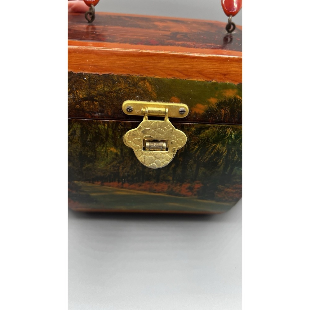 Vtg Wooden Octagon Purse Decoupage Forsyth Park Savannah Lacquered Lucite Handle - Picture 14 of 15